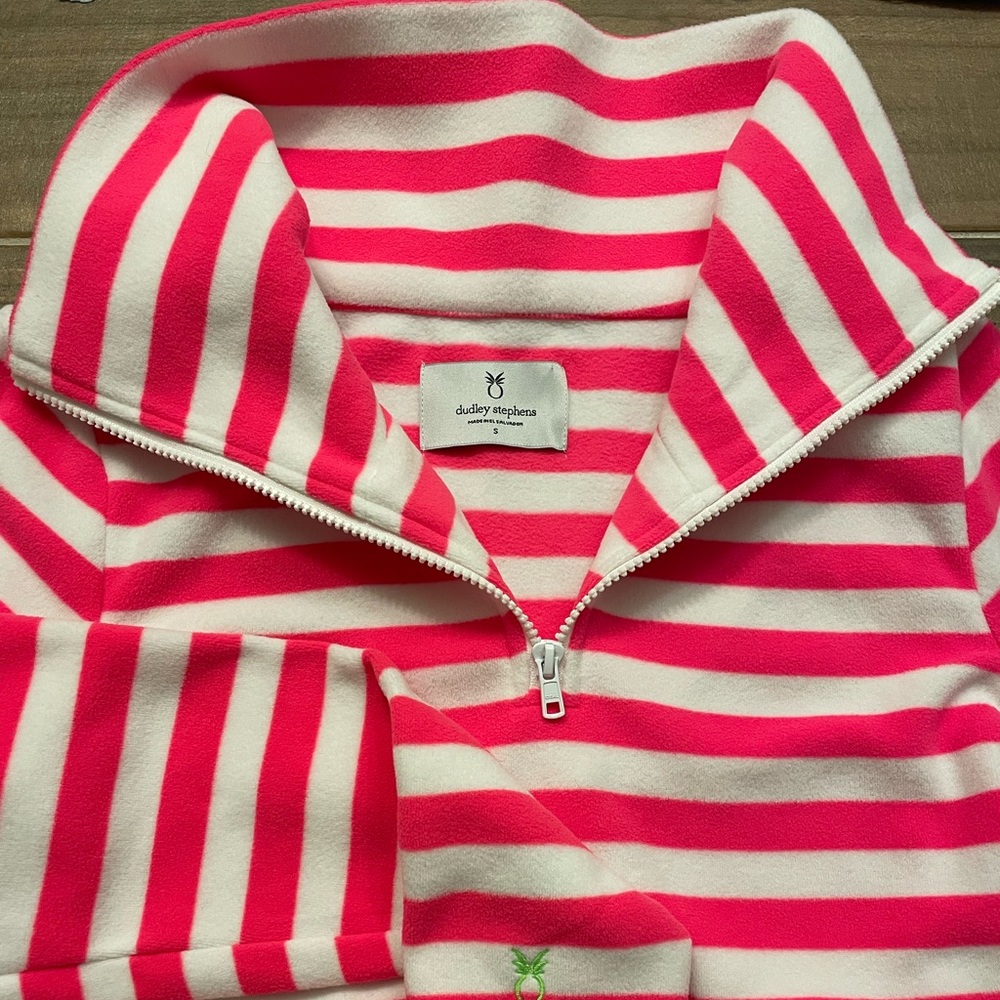 Dudley Stephens 	Prospect Pullover in Striped Fleece (Neon Pink / White)  GUC